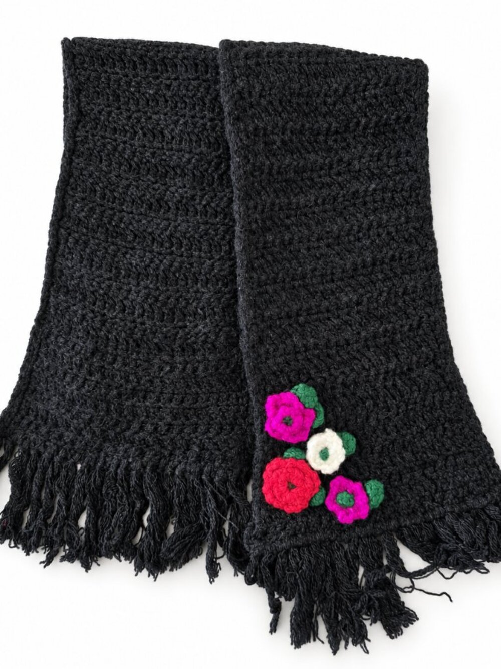 NEW SISLEY Made in Italy Wool Blend Floral Crochet Fringe Scarf Black
